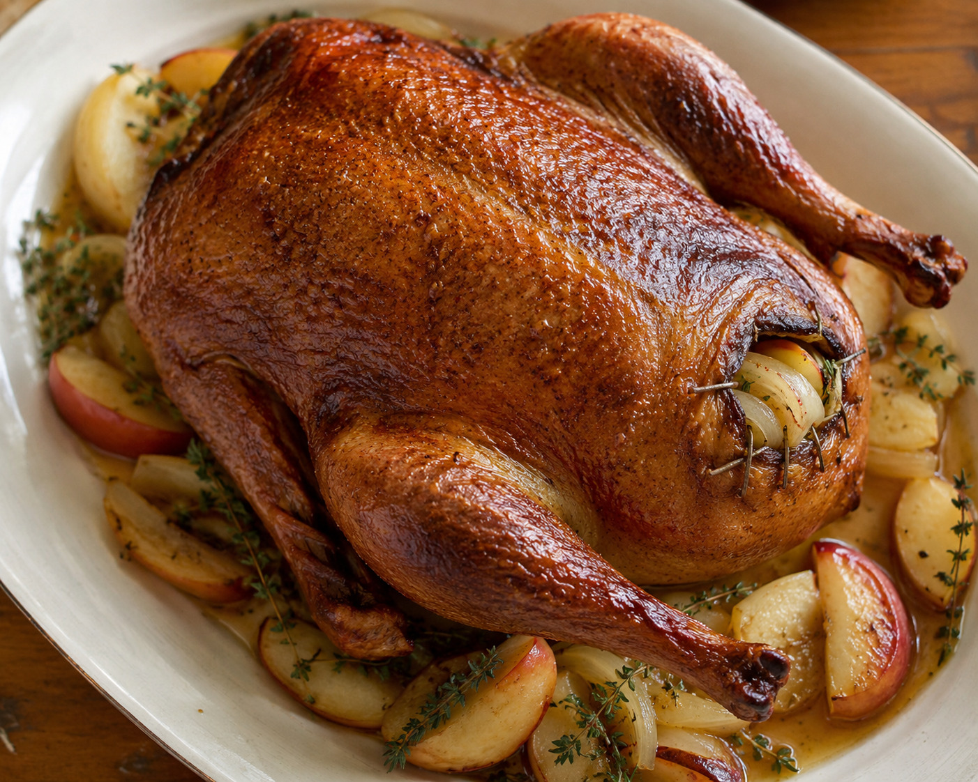 Golden roasted duck with apples and thyme