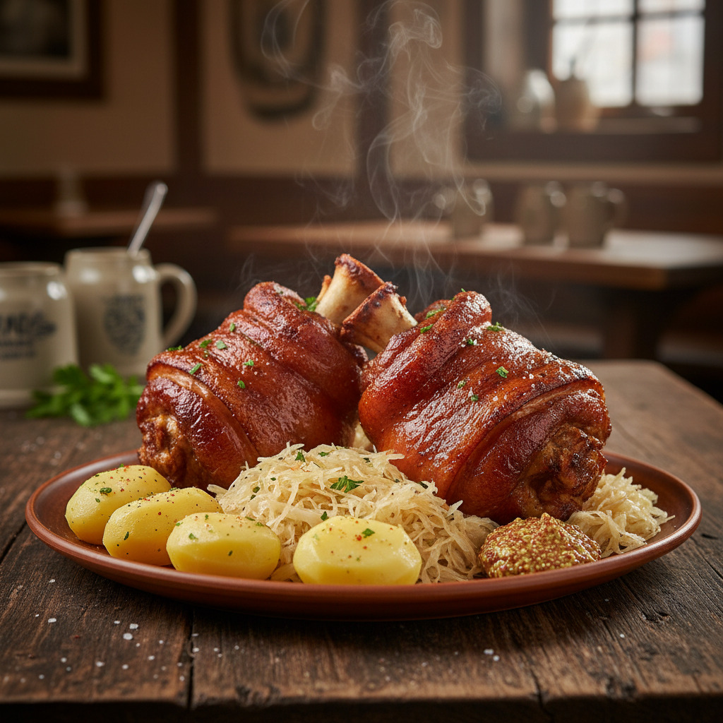 Eisbein is a classic German dish made from salt-cured and slow-cooked pork knuckle, featuring tender meat and a thick layer of fat and skin. It is traditionally boiled or roasted and served with sauerkraut and potatoes.